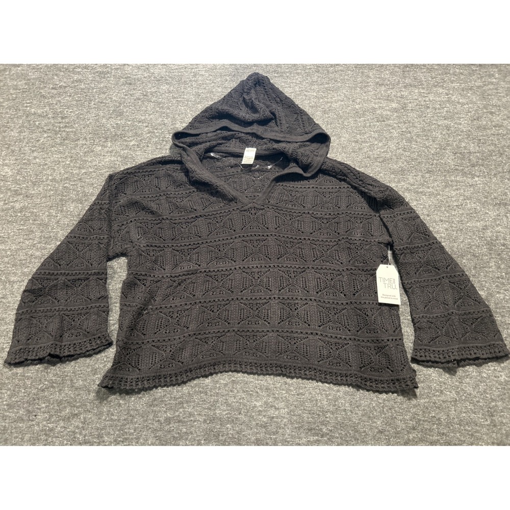 Time and Tru Crochet Hoodie Women 2X Black Open Knit Bell Sleeve Coverup Boho